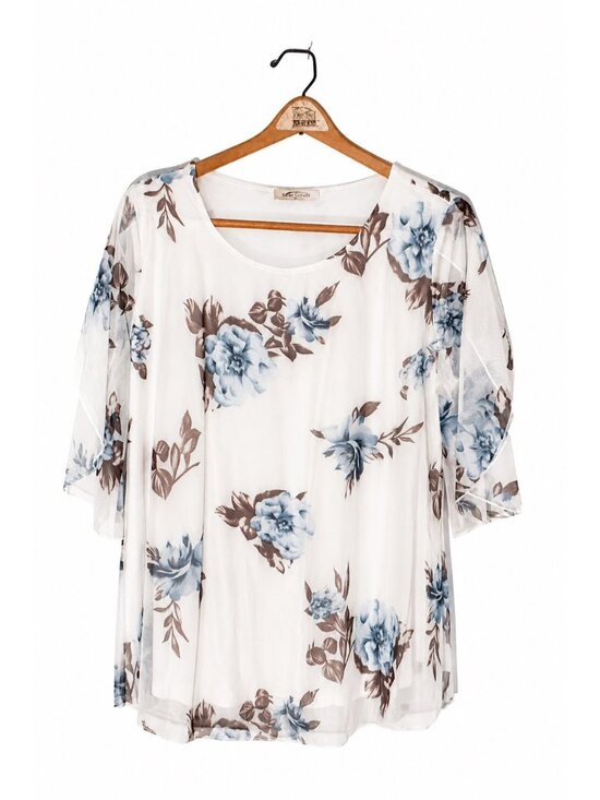 Sese Code Tops - Floral-Print Sheer White Blouse With Blue & Brown Roses Flowing Sleeves Lightwei